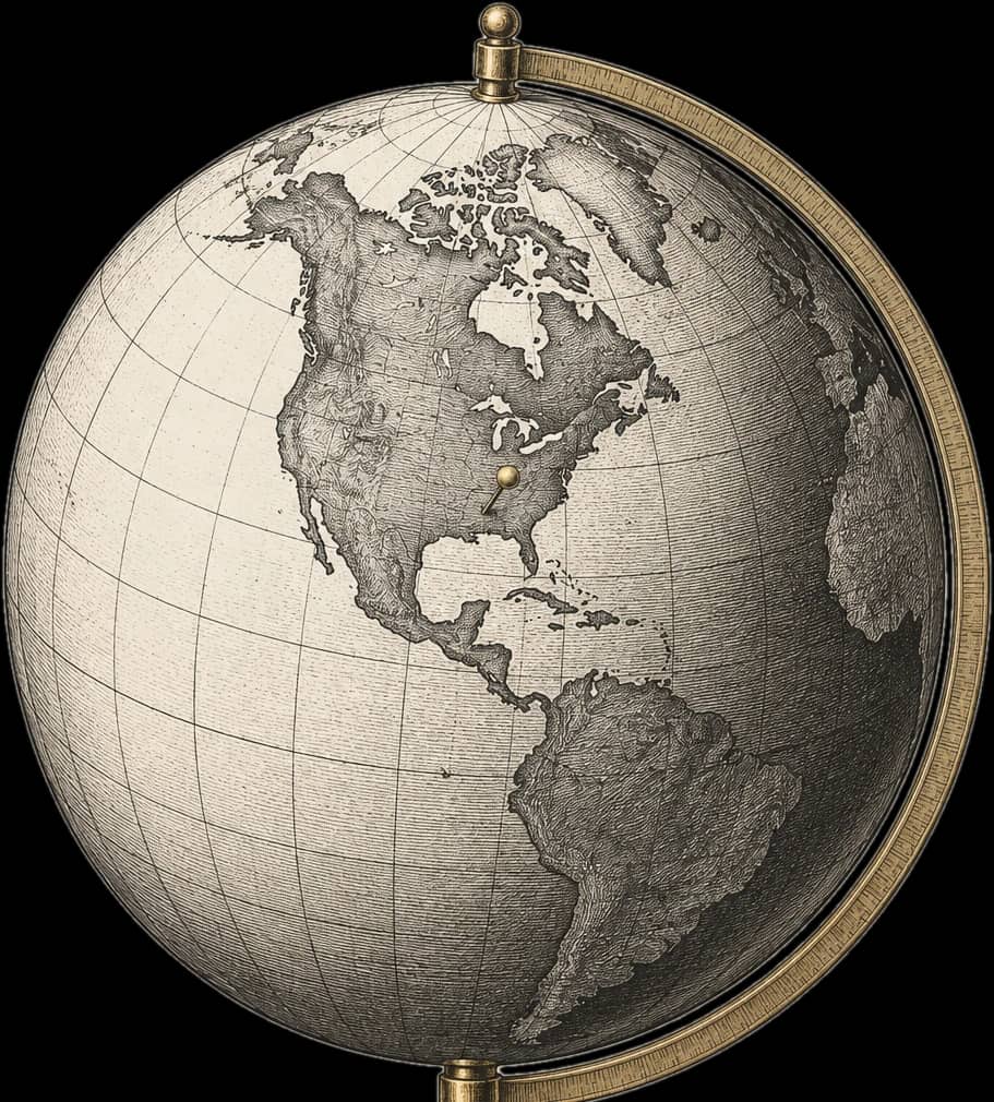 Engraved illustration of an antique globe rising out of mist, with one gold pin set in Tennessee