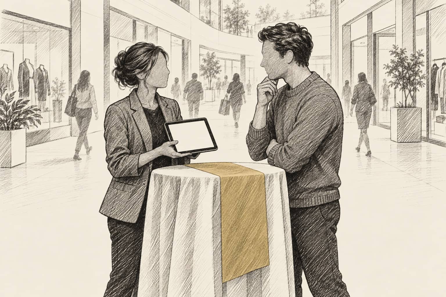Illustration of a warm conversation between a fundraiser and a new supporter