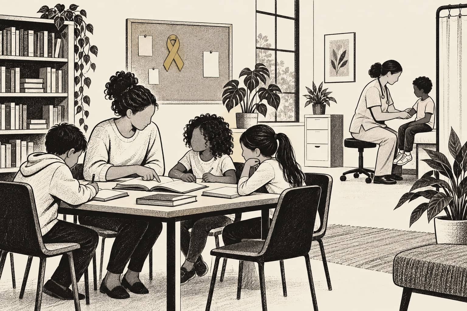 Illustration of children at a tutoring table in a community center with a health check-up in the background