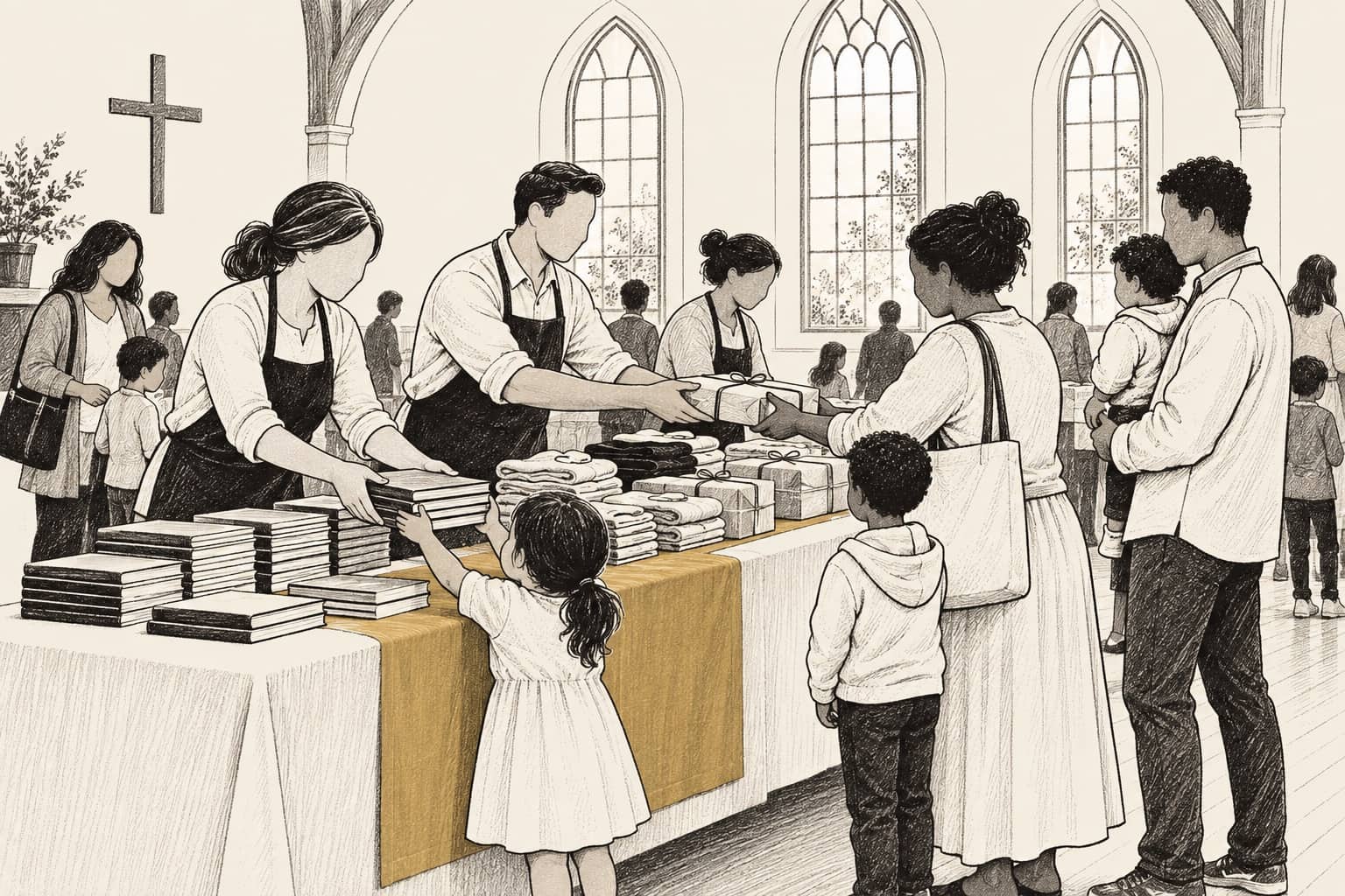 Illustration of volunteers in a church hall handing books and wrapped care packages across a table to children and their parents