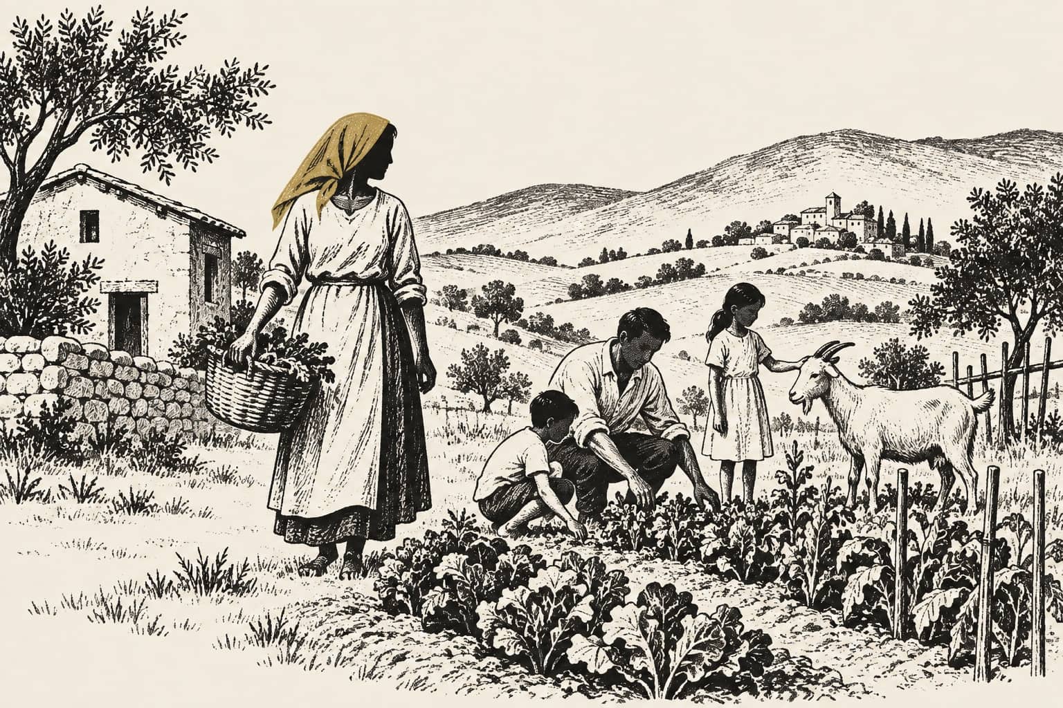 Illustration of a family tending a vegetable garden beside a goat on a village smallholding