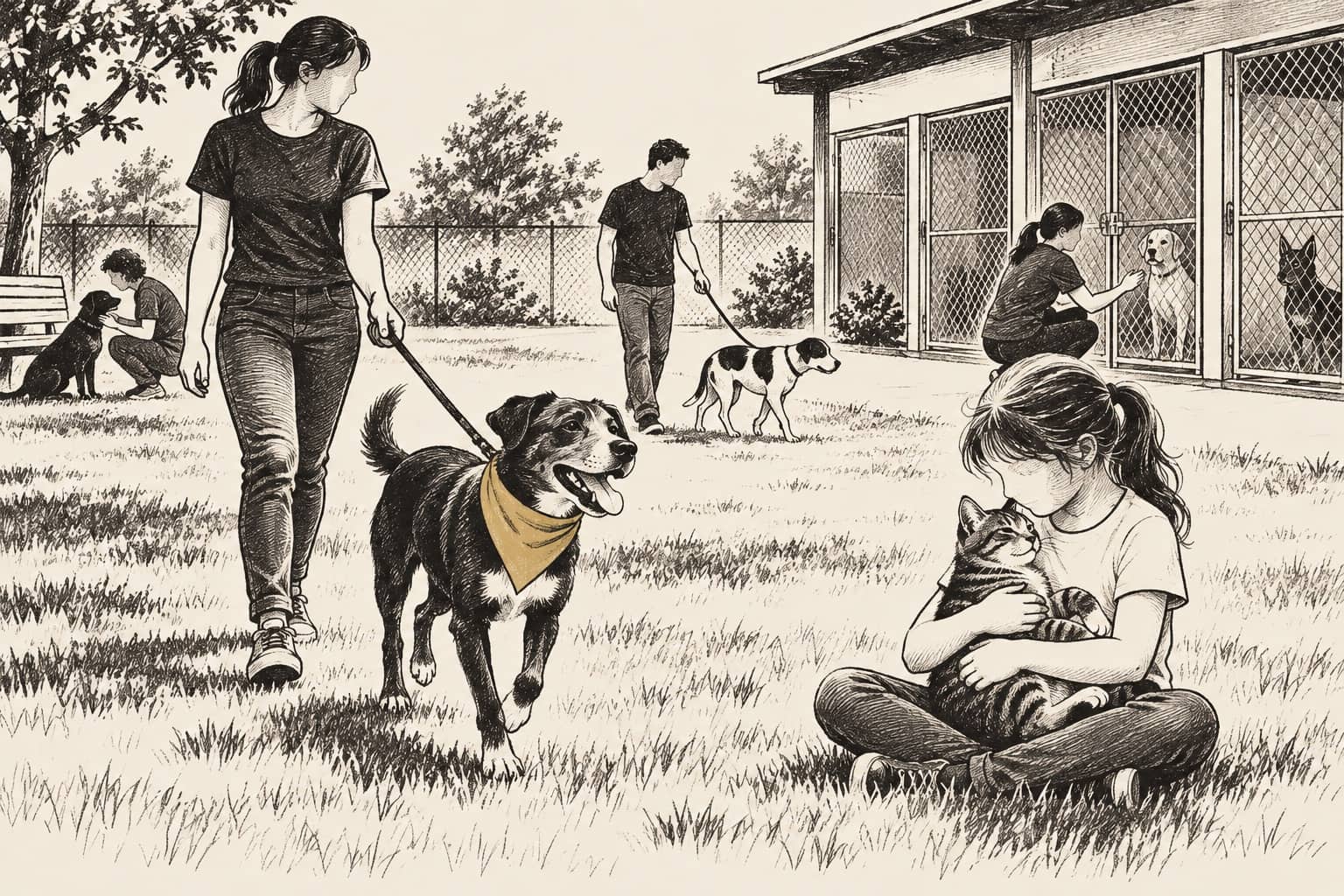 Illustration of an animal shelter adoption day with volunteers walking dogs and a child holding a cat