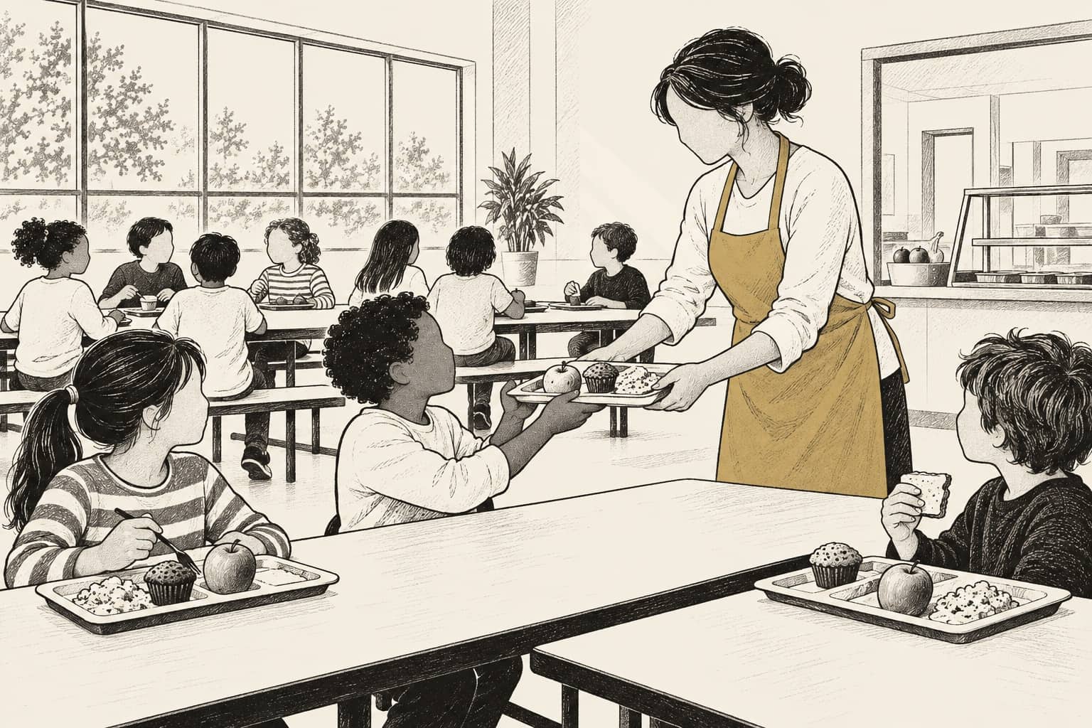 Illustration of a school cafeteria at breakfast with a volunteer handing a tray to a child