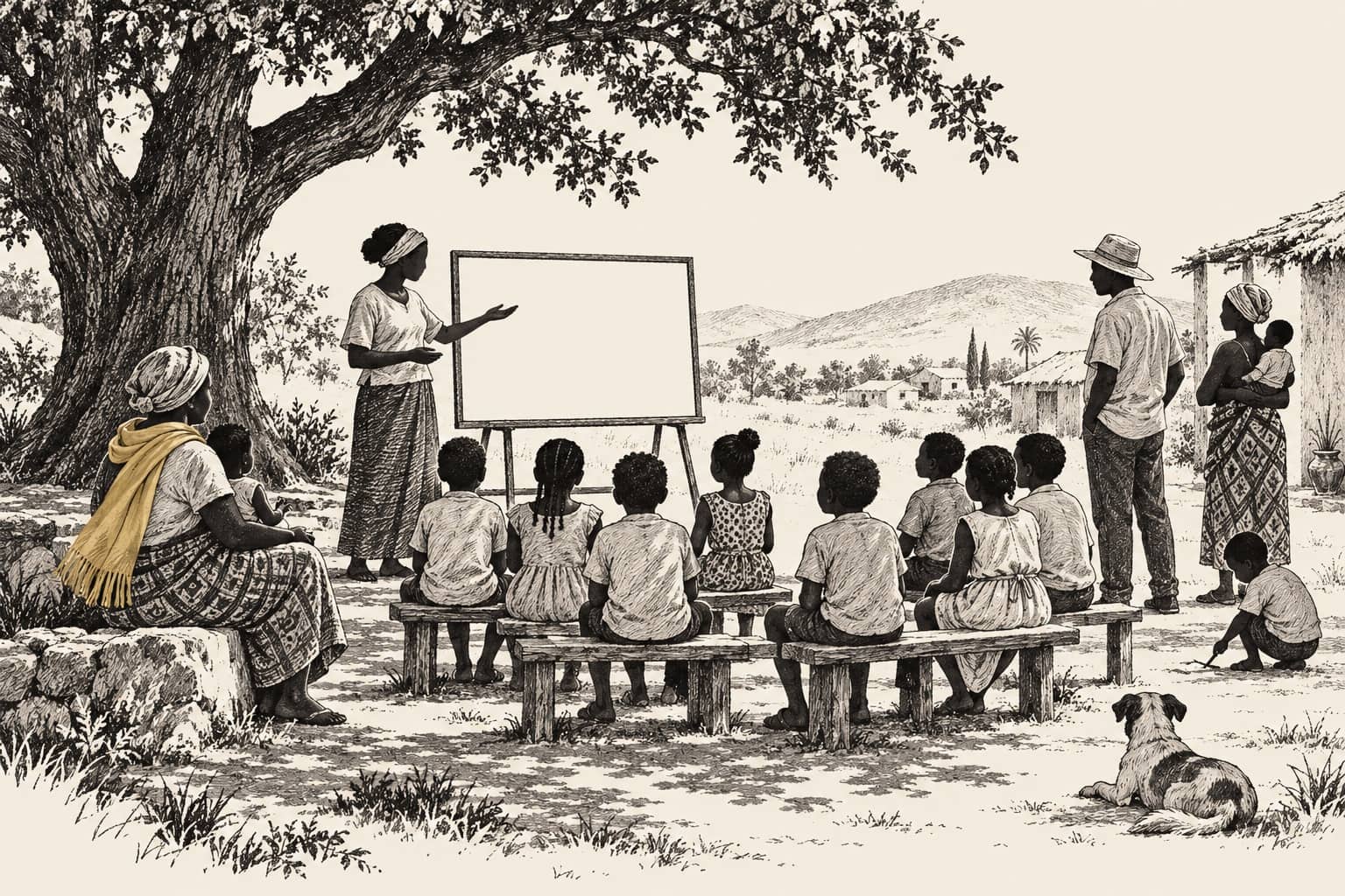 Illustration of children and adults gathered for a community learning moment