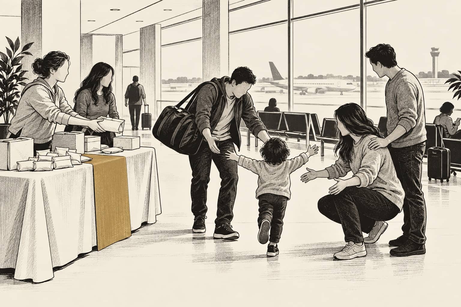 Illustration of a family greeting a returning traveler in an airport lounge beside a volunteer welcome table