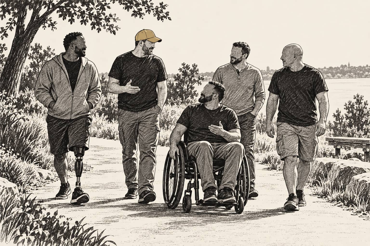 Illustration of a small group of veterans walking and talking together on a park trail