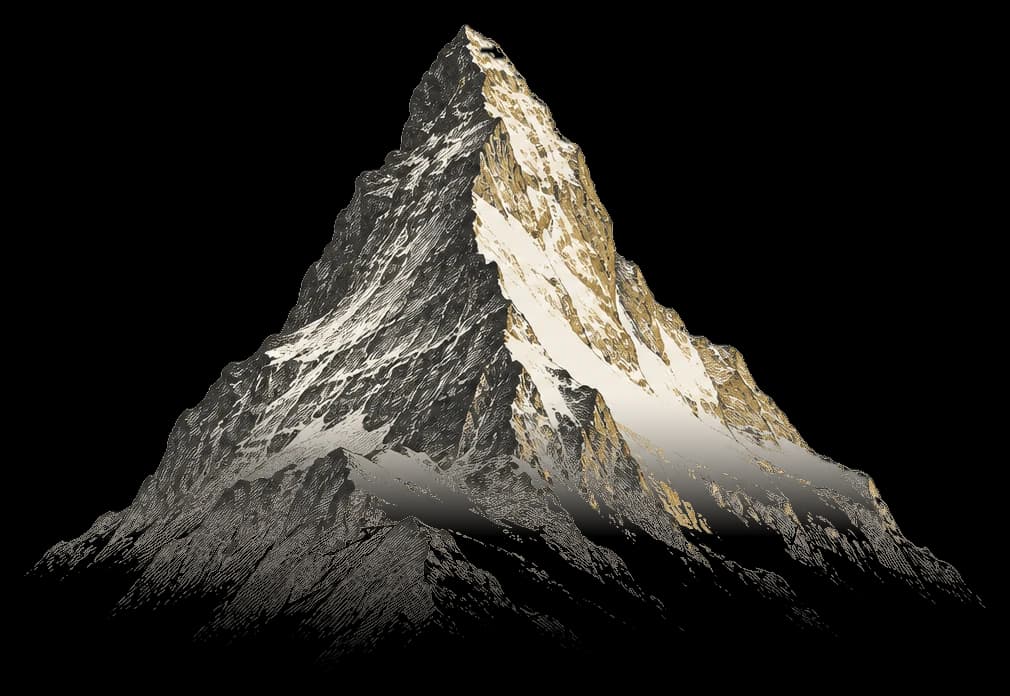 Engraved illustration of a single mountain peak rising out of mist