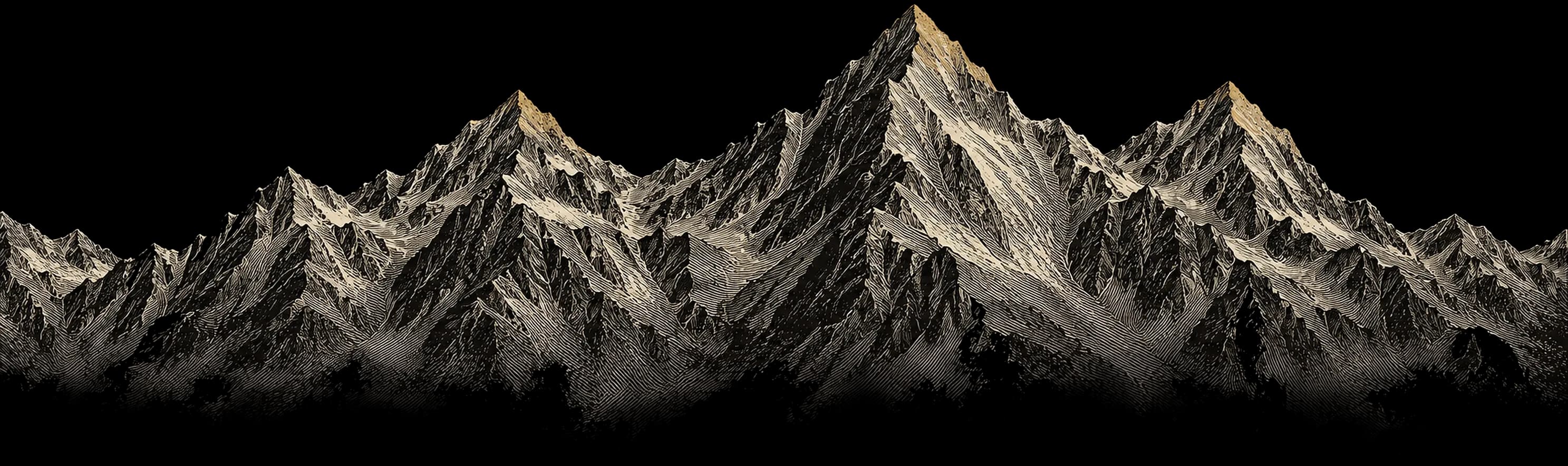 Engraved illustration of a mountain range at night above the mist, the highest peaks catching gold light.