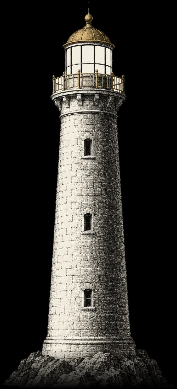 Engraved illustration of a lighthouse rising out of mist, its lamp lit in gold