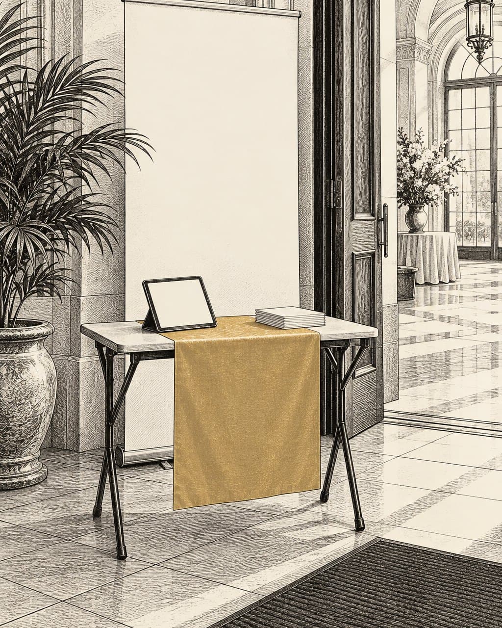 Illustration: a small campaign table with a gold runner, a tablet and a stack of leaflets, set up just inside a venue entrance.