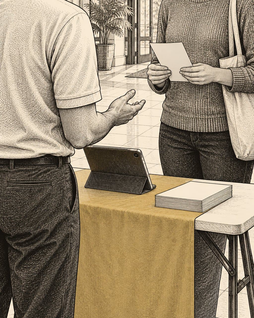 Illustration: a fundraiser seen from behind talking with a supporter who holds a leaflet, across a campaign table with a gold runner.