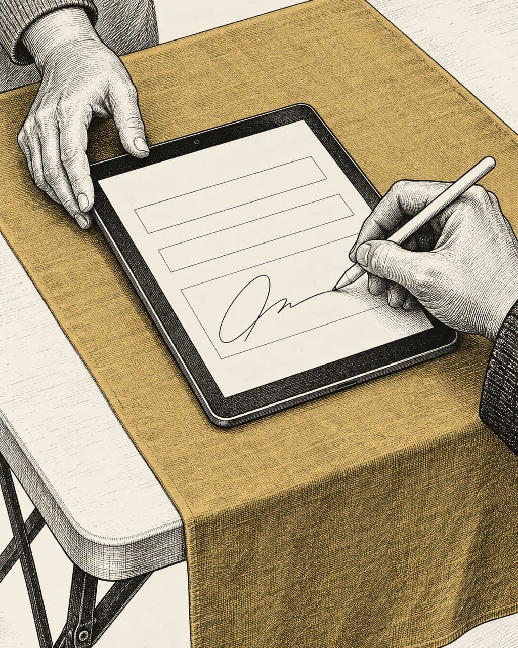 Illustration: a supporter's hand signing a form on a tablet with a stylus, on a table with a gold runner.