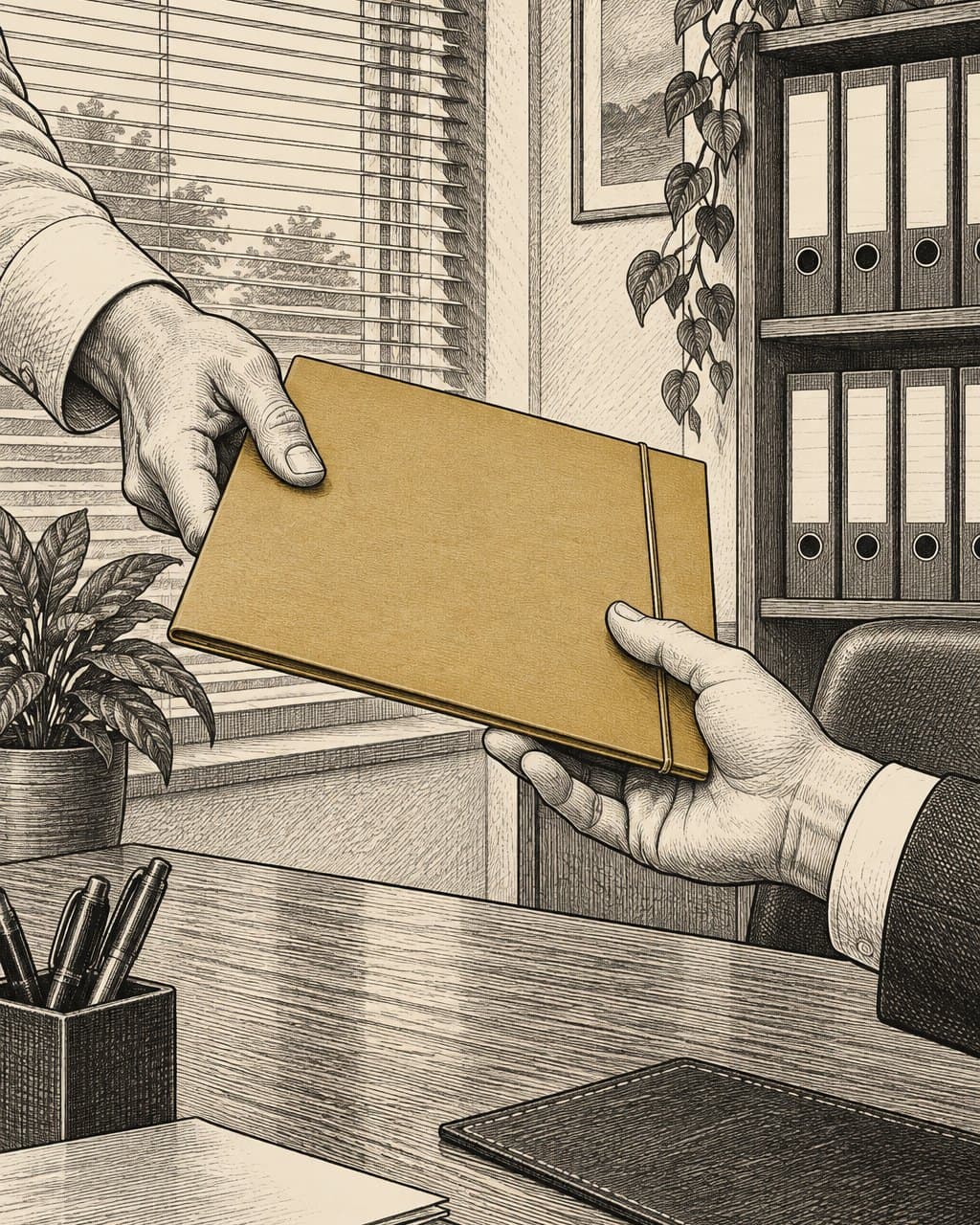 Illustration: a closed gold folder passed from one hand to another across an office desk.