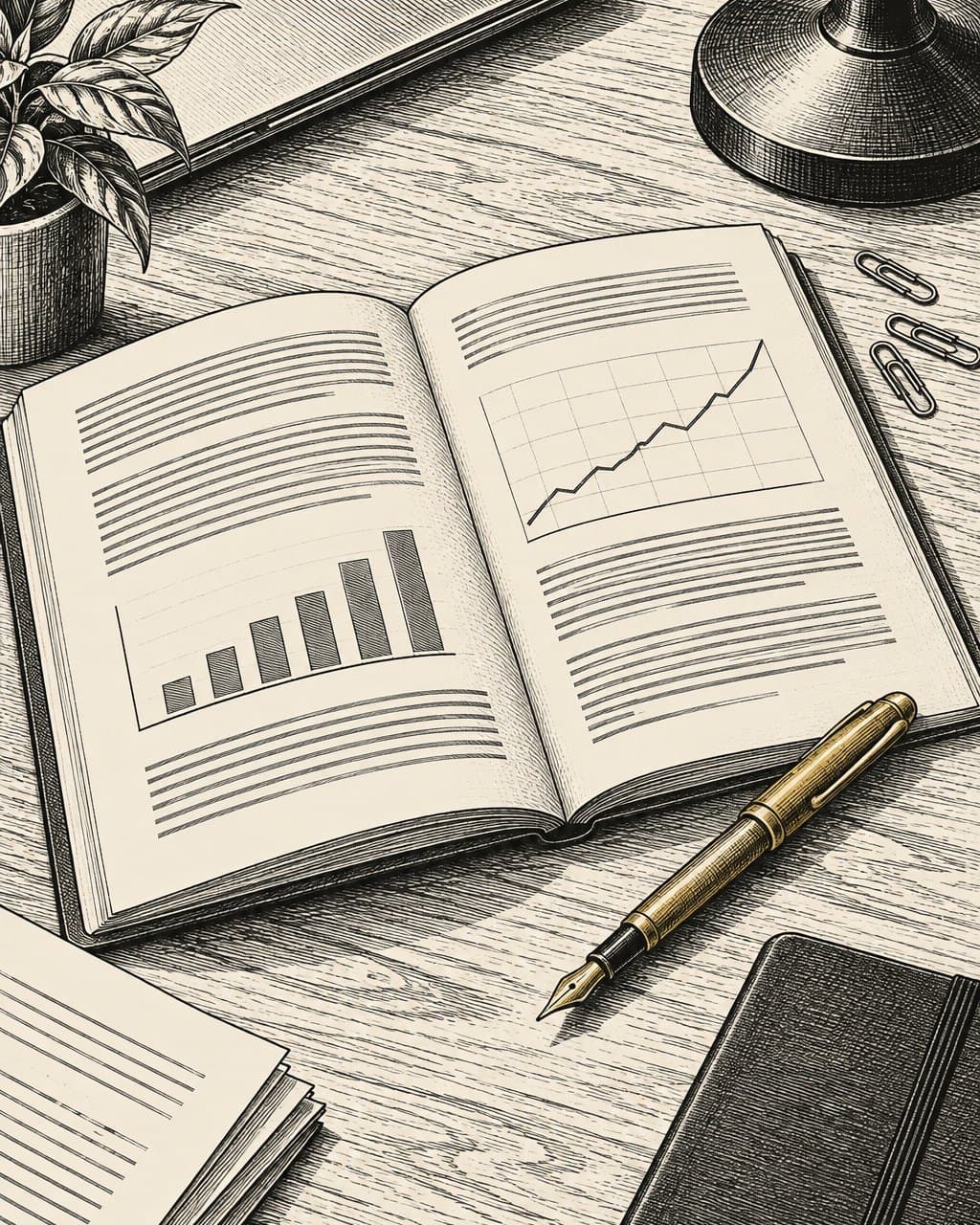 Illustration: a printed report lying open on a desk with a gold pen beside it.