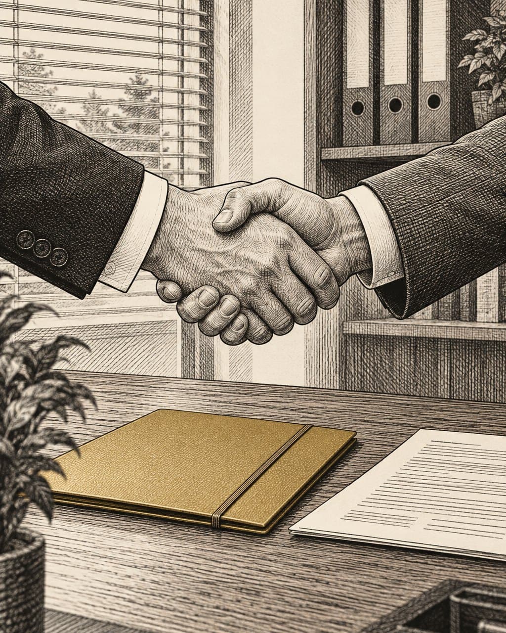 Illustration: a handshake over an office desk, a closed gold folder lying on the desk below.