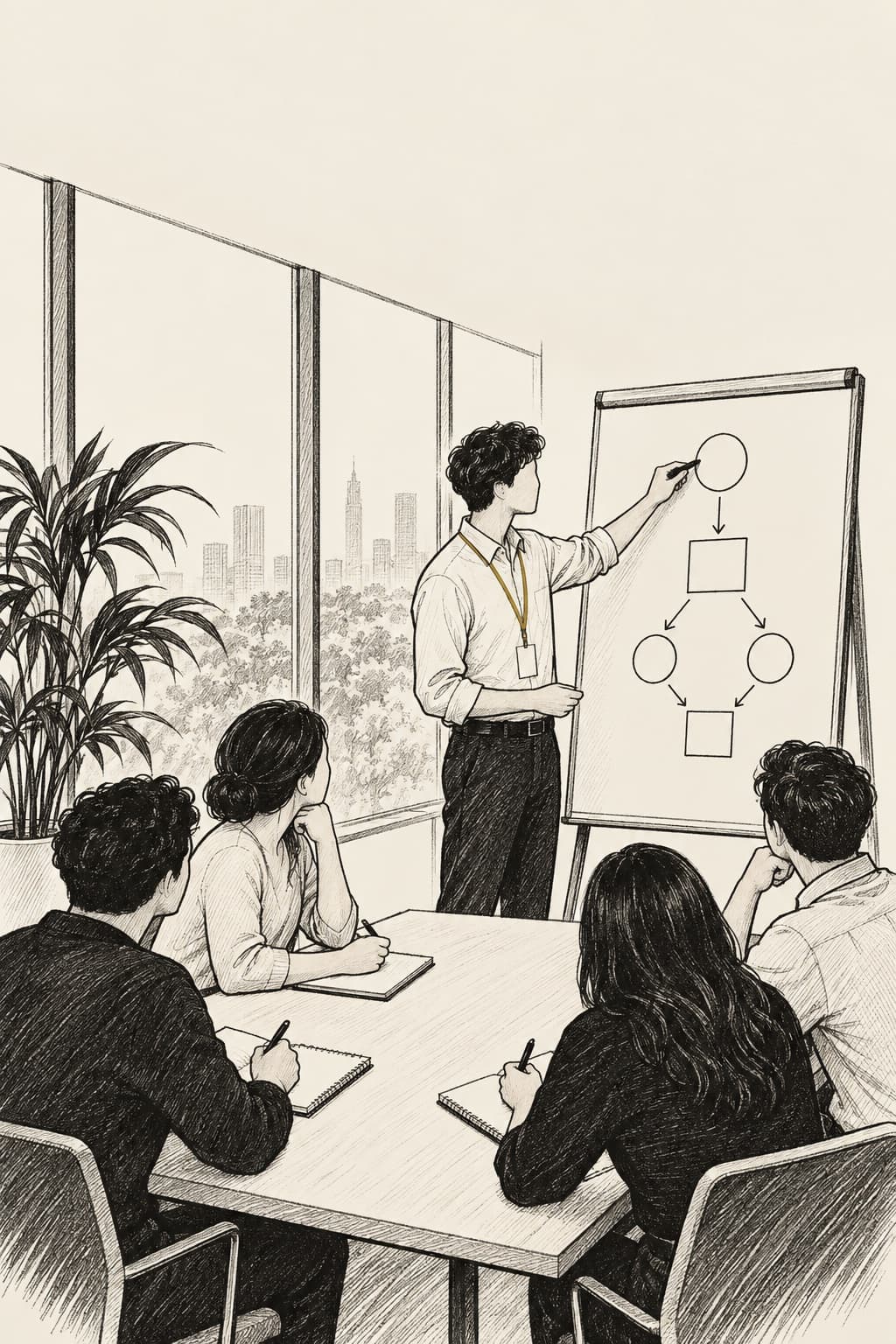 Illustration of a morning training session: a leader drawing a flow diagram on a whiteboard while four teammates take notes.