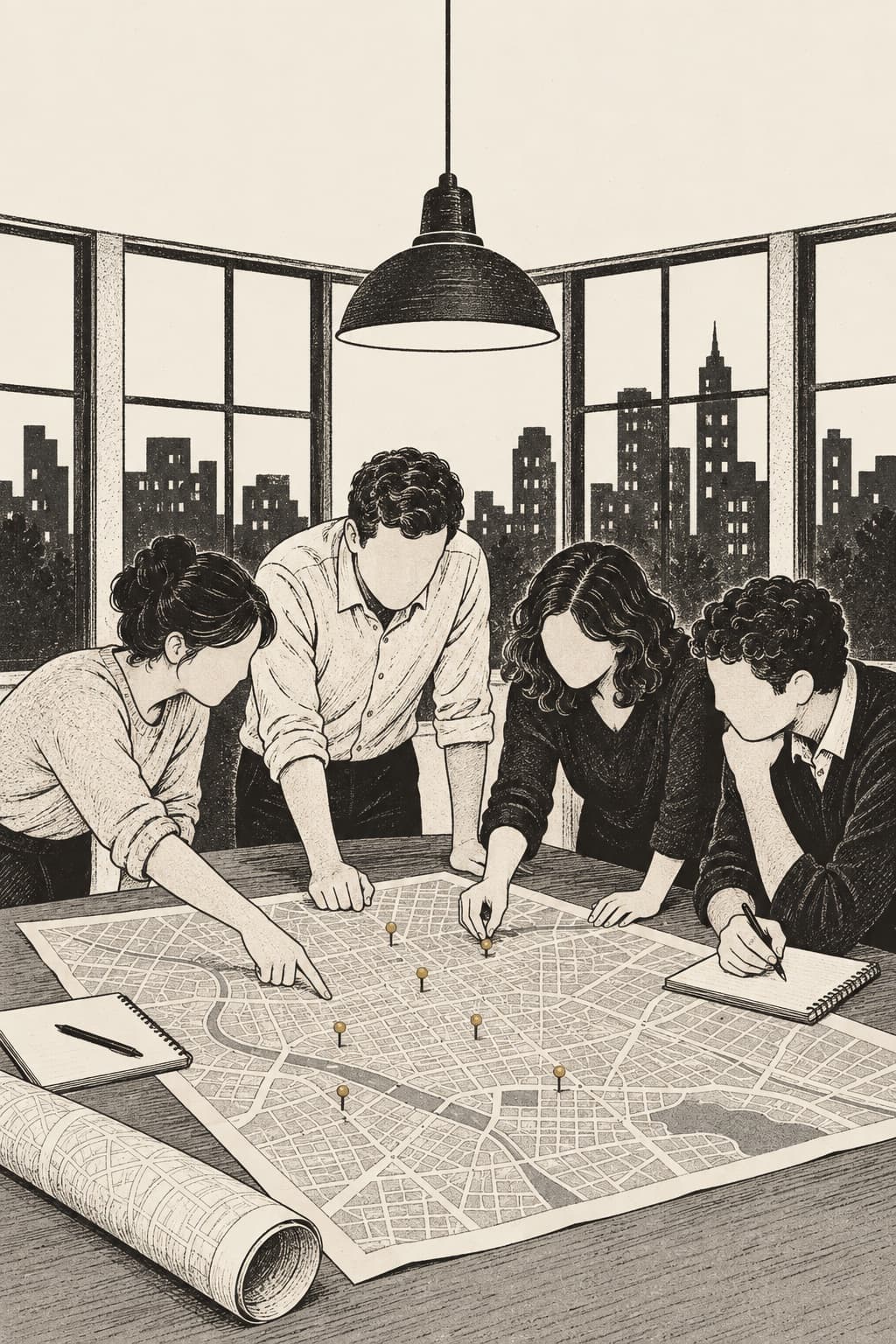 Illustration of a campaign team leaning over a city street map, placing pins by lamplight.