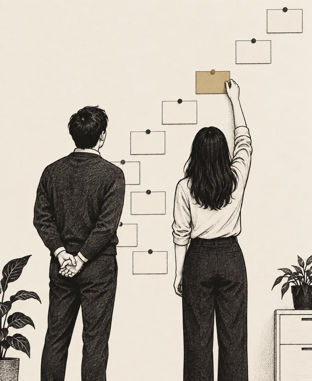 Illustration of a team member seen from behind moving a pinned card one rung higher on a wall of ascending cards while a colleague looks on.