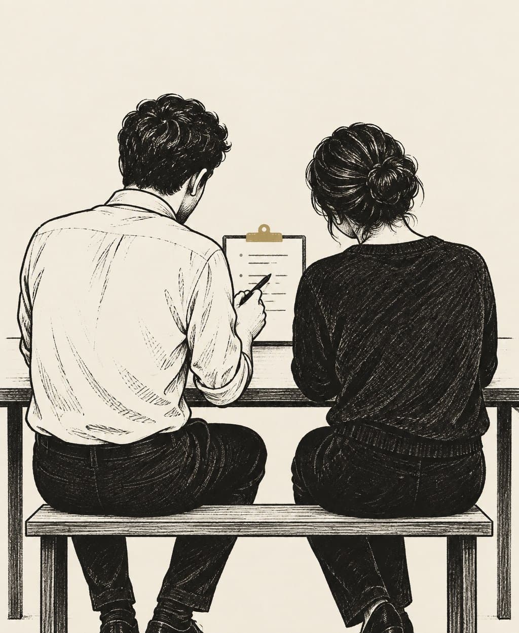 Illustration of two colleagues seen from behind on a bench, going over one shared clipboard of notes together.