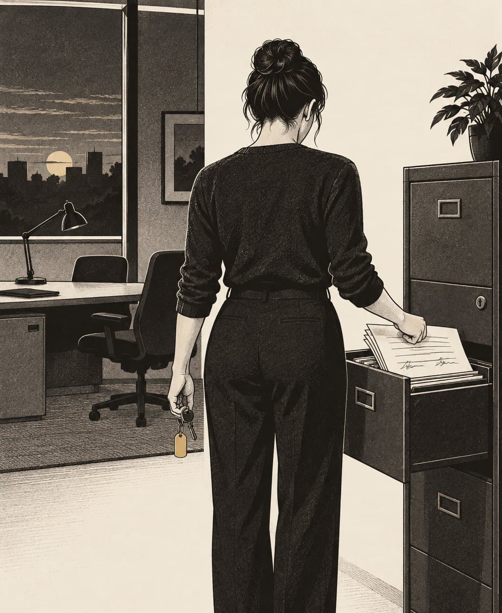 Illustration of one person seen from behind alone in an empty office at dusk, filing signed forms into a locking cabinet.