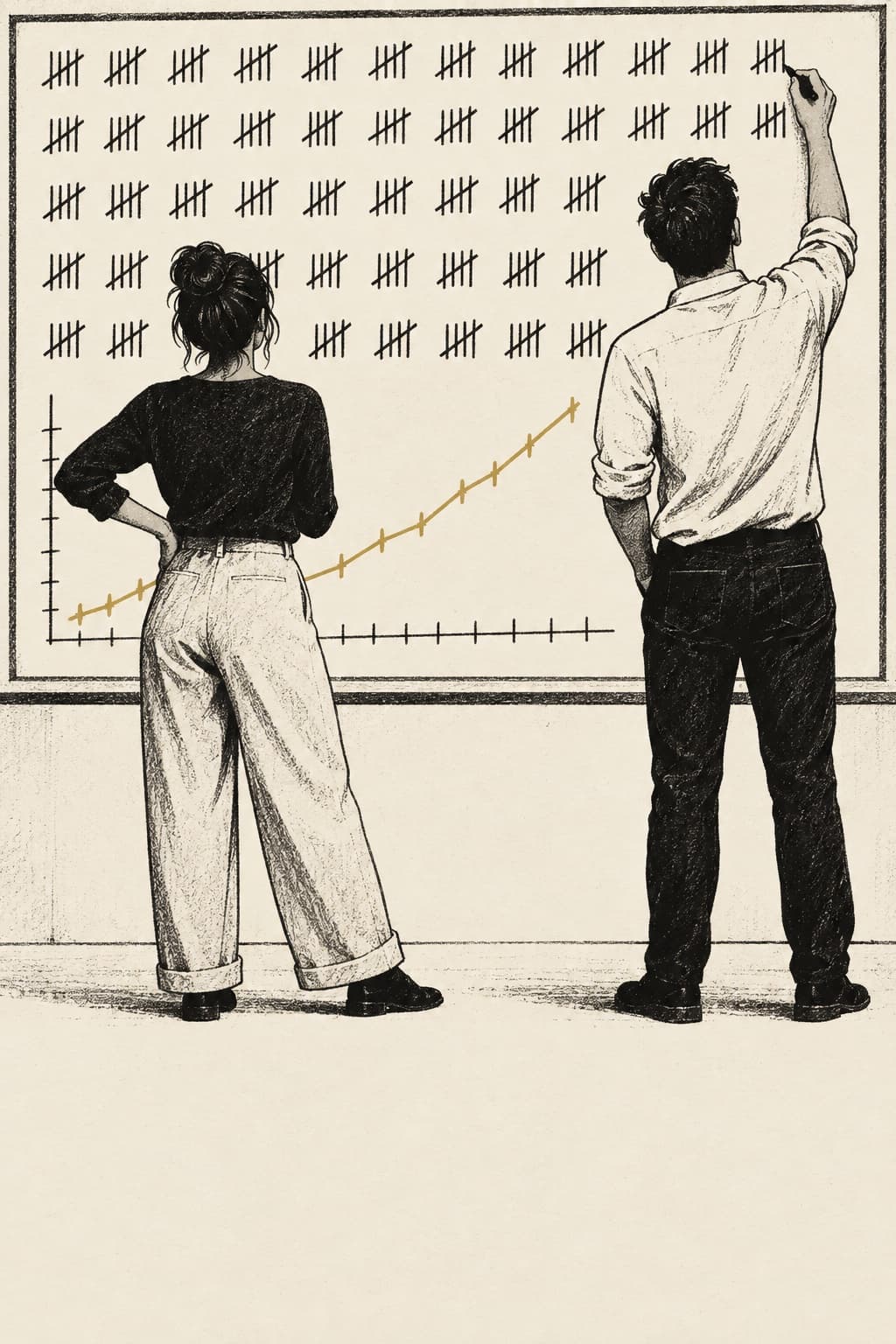 Illustration of two team members seen from behind marking a wall-size tally board with a rising line across it.