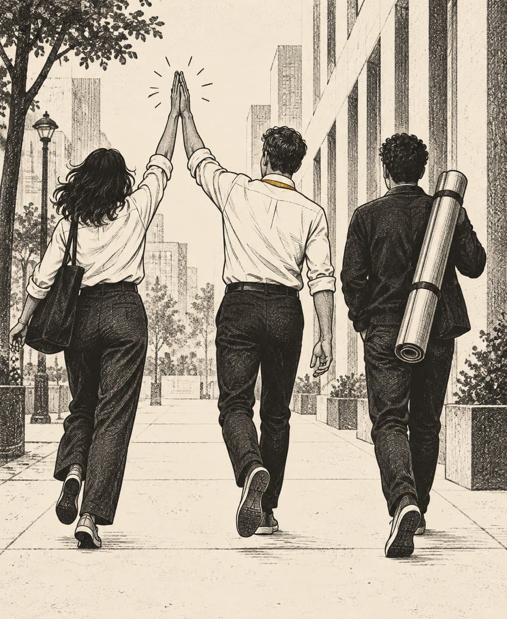 Illustration of three teammates seen from behind walking off after a shift, two of them in a high five.