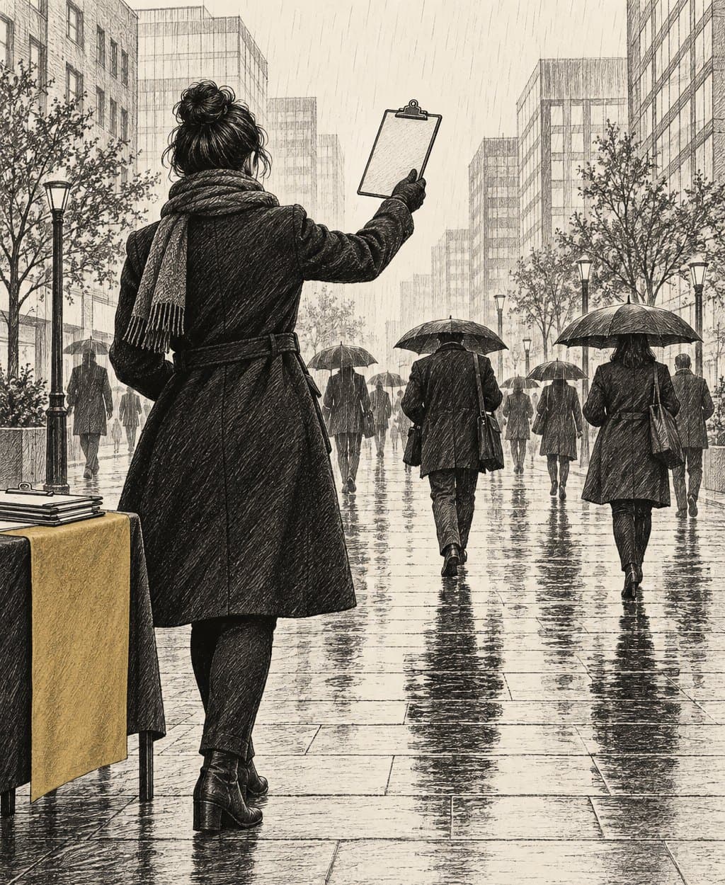 Illustration of a fundraiser seen from behind stepping into a busy rainy plaza with a clipboard raised and ready.