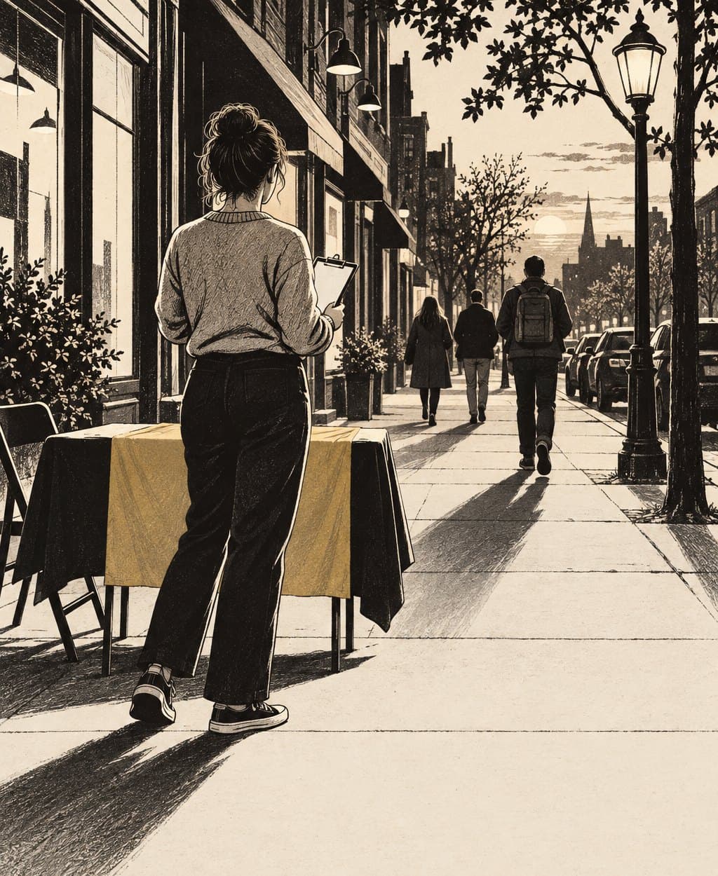 Illustration of a fundraiser seen from behind still standing ready at a campaign table at dusk under a street lamp.