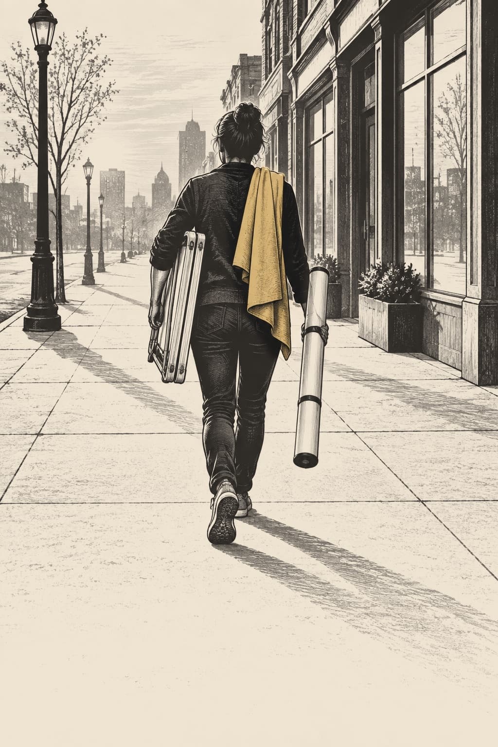 Illustration of one person seen from behind at dawn carrying a folded campaign table and banner stand to set up.