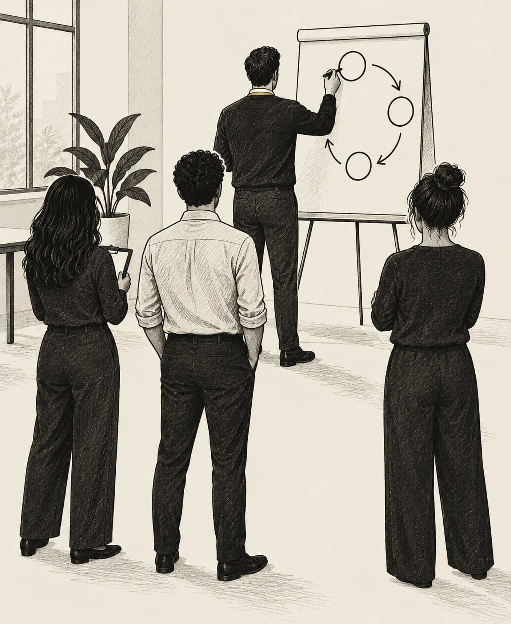 Illustration of a coach seen from behind drawing a diagram on a flip chart while three team members stand watching.