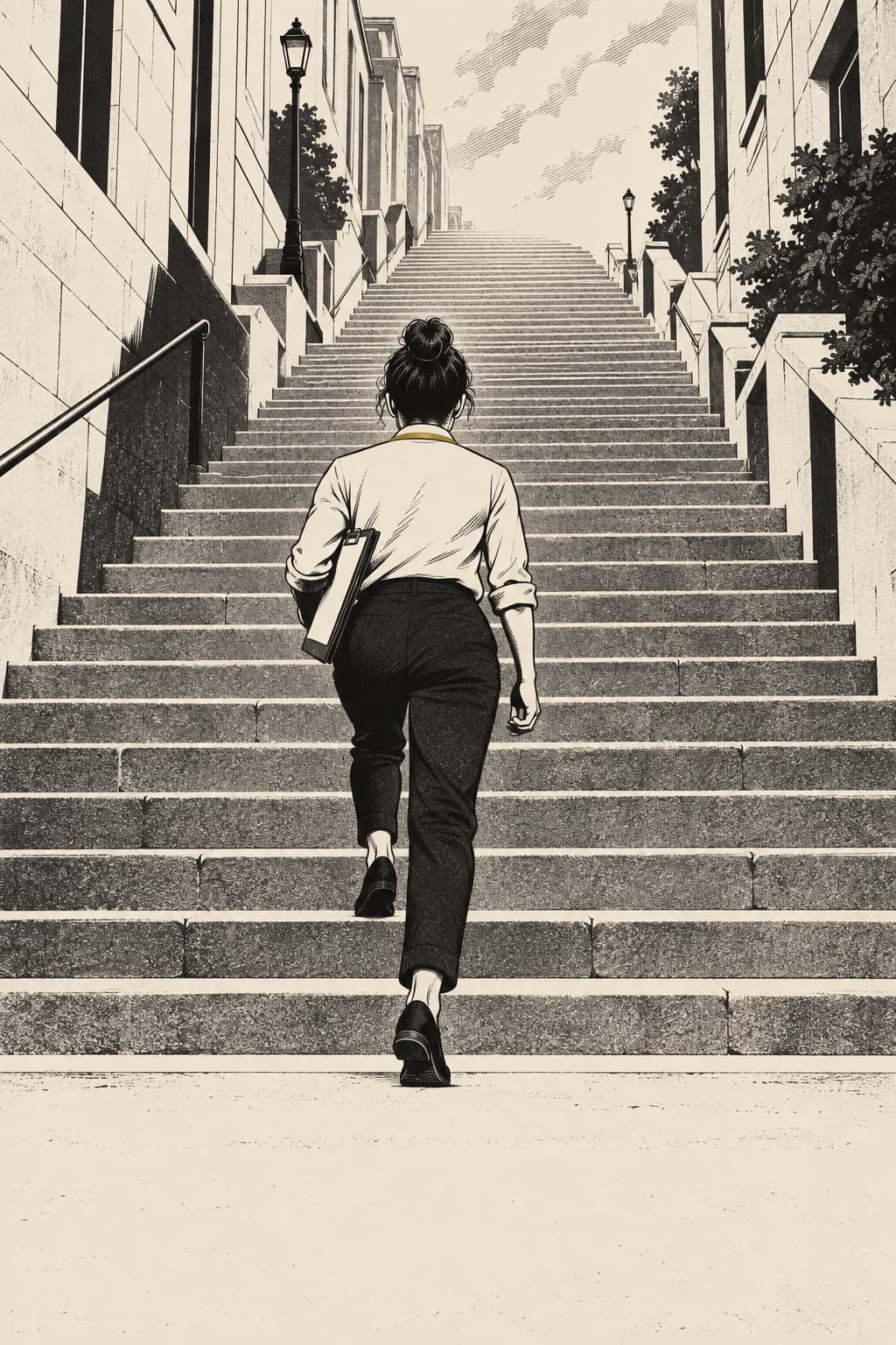 Illustration of a fundraiser seen from behind climbing a long flight of city steps with a clipboard under one arm.
